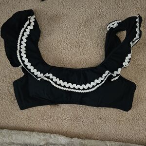 J. Crew Navy Ruffle Bikini Top with White Ric Rac In Pique